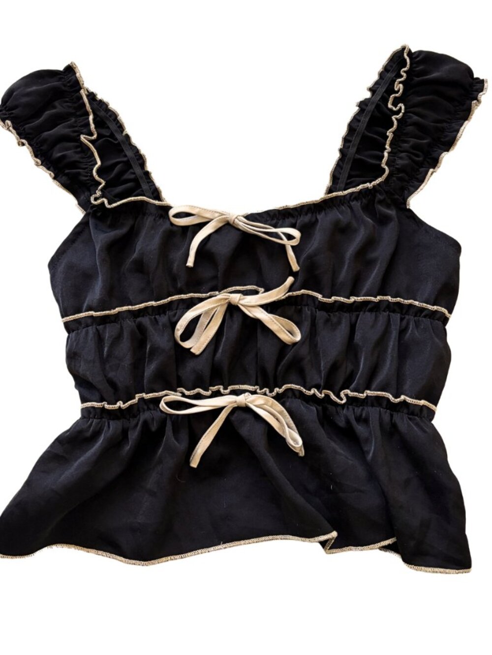 Black Ruffle Tie Front Tank Bow Detail Babydoll Top Coquette Soft Girl M/L
